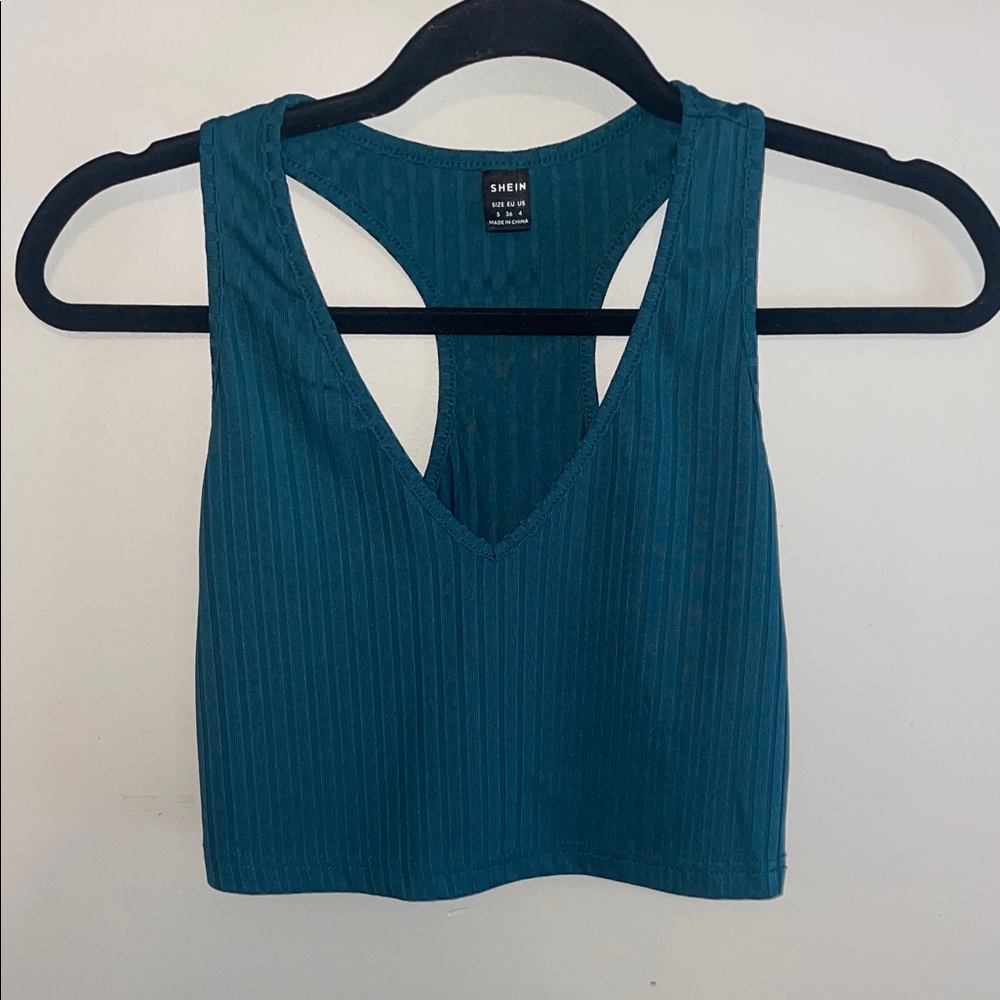 SHEIN Teal Ribbed V-Neck Racerback Crop Tank